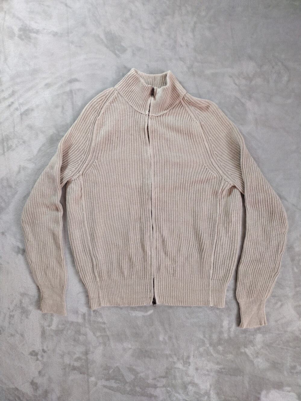Banana Republic Cardigan Mens XL Cream Linen Double Zipper Y2K Quiet Luxury Retr